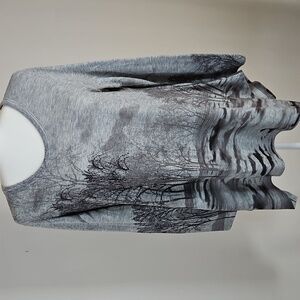 Jess & Jane LG Tunic Top Sharkbite Hem Embellished Forest Print Grey Art To Wear